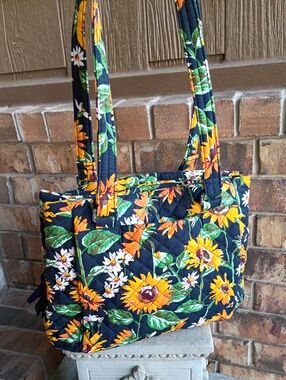 Vera Bradley Blue Quilted Cotton Sunflower Floral Print Shoulder Tote Bag